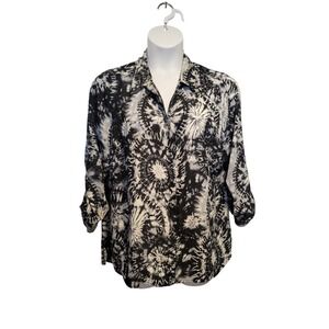 Dressbarn  1X Dusty Blue Black White Batik Tie‎ Dye Roll Tab Comfy Flowy Blouse